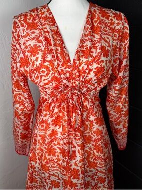 Stunning Italian Silk Red/Orange Floral V-Neck Drawstring Dress - size small 4/6